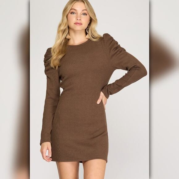 Lively Lumina Dresses & Skirts - 🆂🅰🅻🅴 A251 • Chocolate Brown Puff Sleeve Ribbed Knit Mini Dress